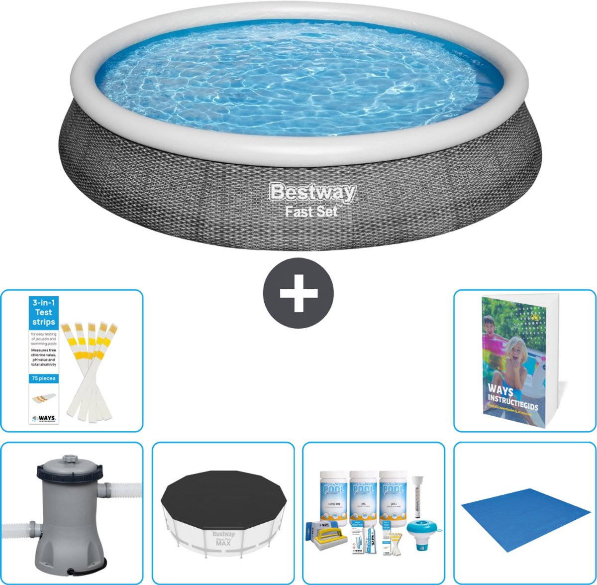 Bestway Rond Opblaasbaar Fast Set Zwembad - Rotanprint - 396 x 84 cm - Inclusief Pomp - Afdekzeil - Onderhoudspakket - Grondzeil - 7-delig