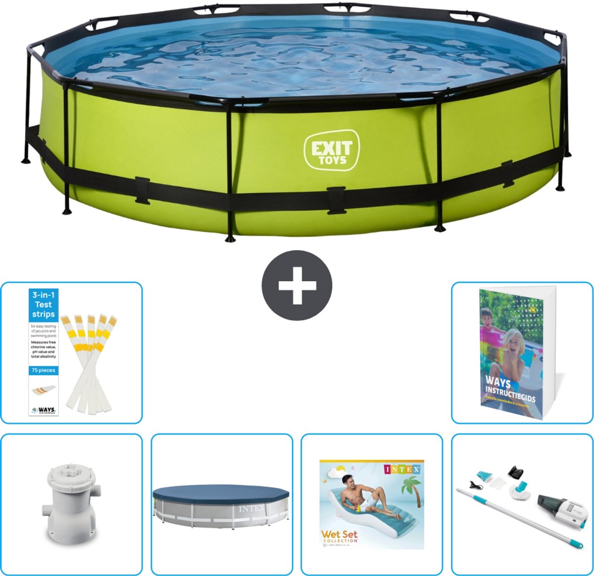 EXIT Rond Lime Frame Zwembad - 360 x 76 cm - Inclusief Pomp - Afdekzeil - Loungebed - Stofzuiger - 7-delig