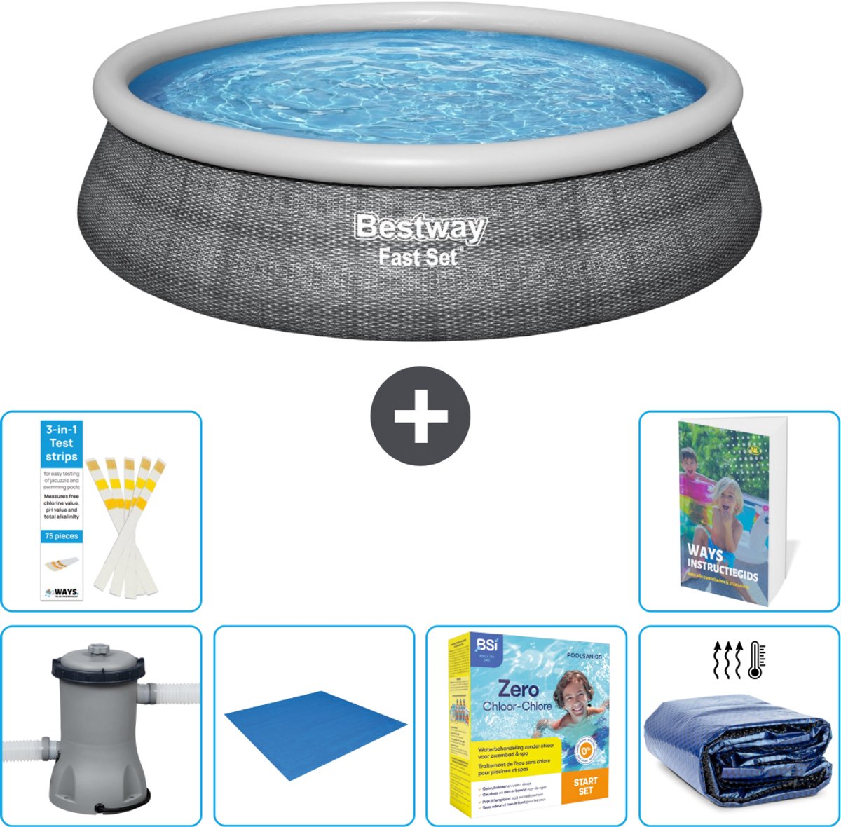 Bestway Rond Opblaasbaar Fast Set Zwembad - Rotanprint - 457 x 84 cm - Inclusief Pomp - Grondzeil - Onderhoudspakket - Solarzeil - 7-delig