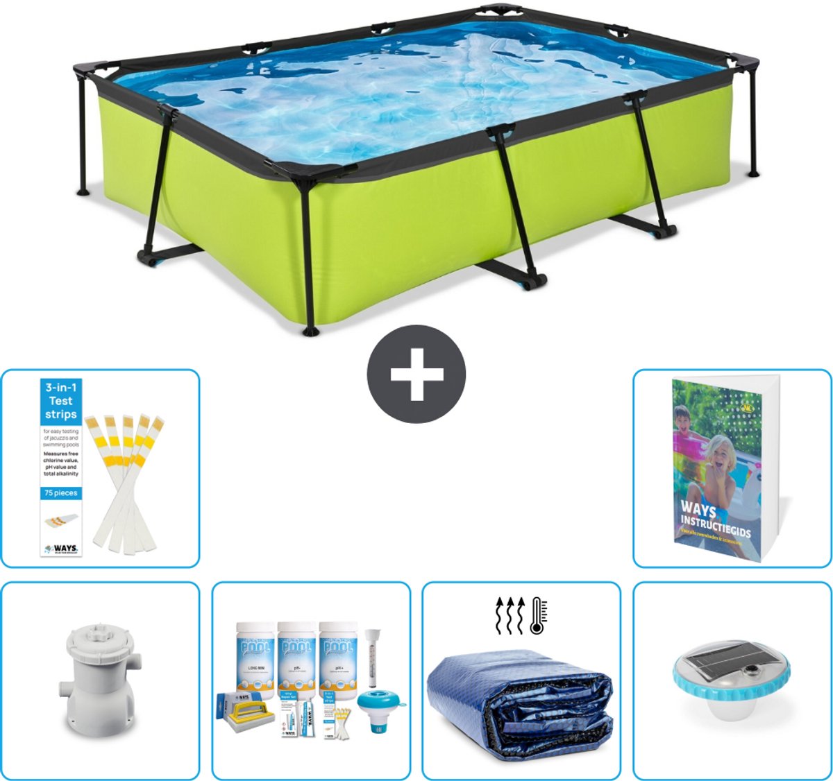 EXIT Rechthoekig Lime Frame Zwembad - 300 x 200 x 65 cm - Inclusief Pomp - Onderhoudspakket - Solarzeil - Verlichting - 7-delig