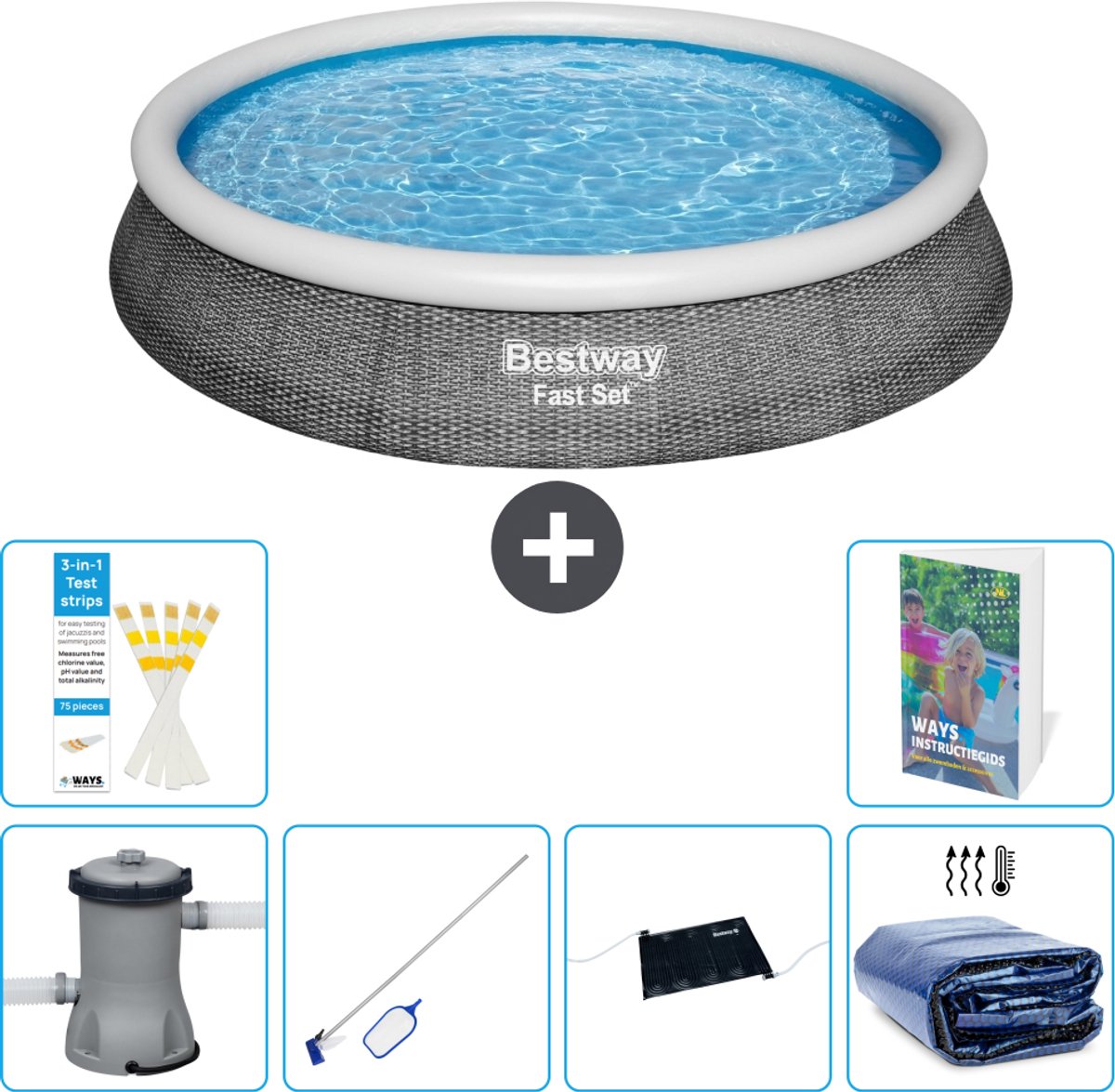 Bestway Rond Opblaasbaar Fast Set Zwembad - Rotanprint - 396 x 84 cm - Inclusief Pomp - Schoonmaakset - Solar Mat - Solarzeil - 7-delig