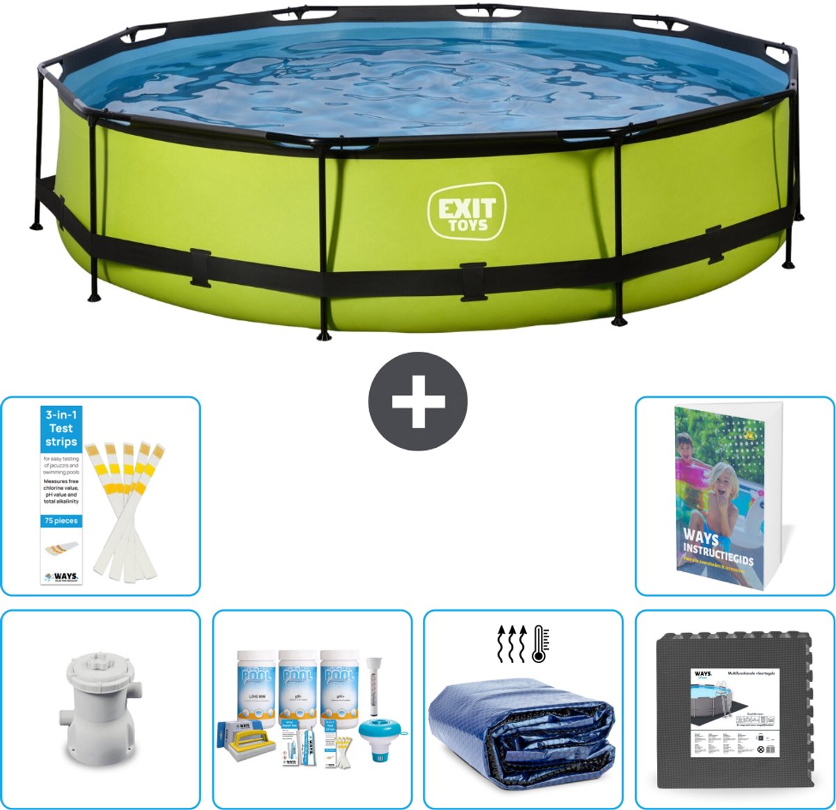 EXIT Rond Lime Frame Zwembad - 360 x 76 cm - Inclusief Pomp - Onderhoudspakket - Solarzeil - Vloertegels - 7-delig