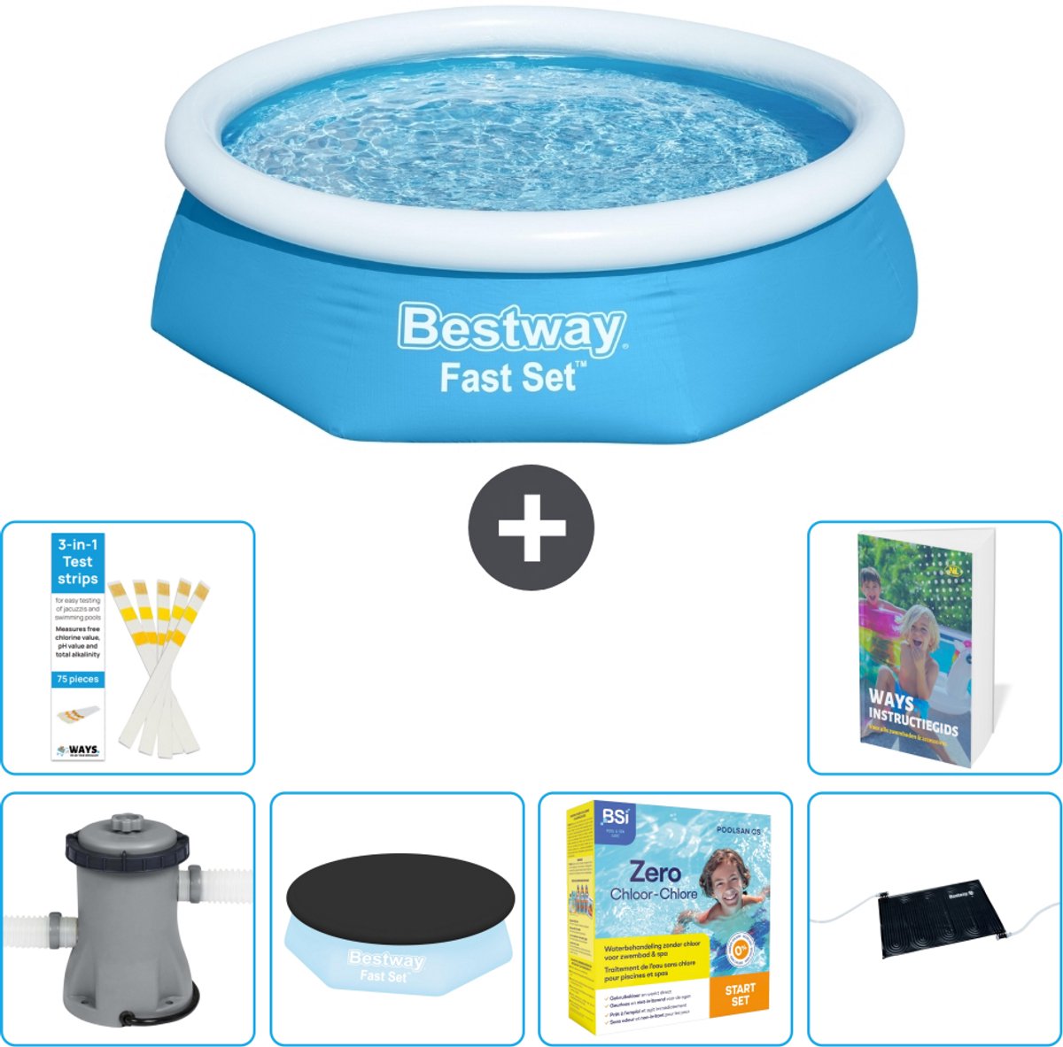 Bestway Rond Opblaasbaar Fast Set Zwembad - 244 x 61 cm - Blauw - Inclusief Pomp - Afdekzeil - Onderhoudspakket - Solar Mat - 7-delig