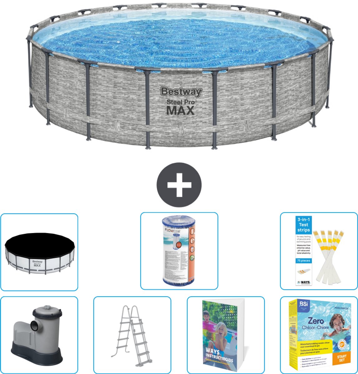 Bestway Rond Steel Pro MAX Zwembad - Steenprint - 549 x 122 - Inclusief Pomp - Ladder - Afdekzeil - Filter - Onderhoudspakket - 8-delig