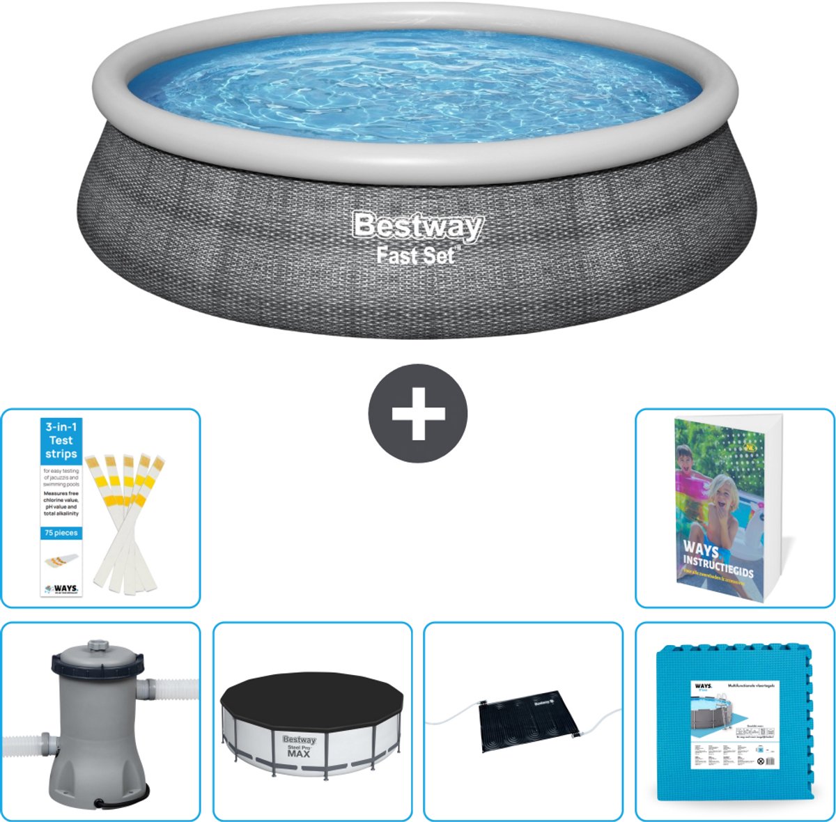 Bestway Rond Opblaasbaar Fast Set Zwembad - Rotanprint - 457 x 84 cm - Inclusief Pomp - Afdekzeil - Solar Mat - Vloertegels - 7-delig