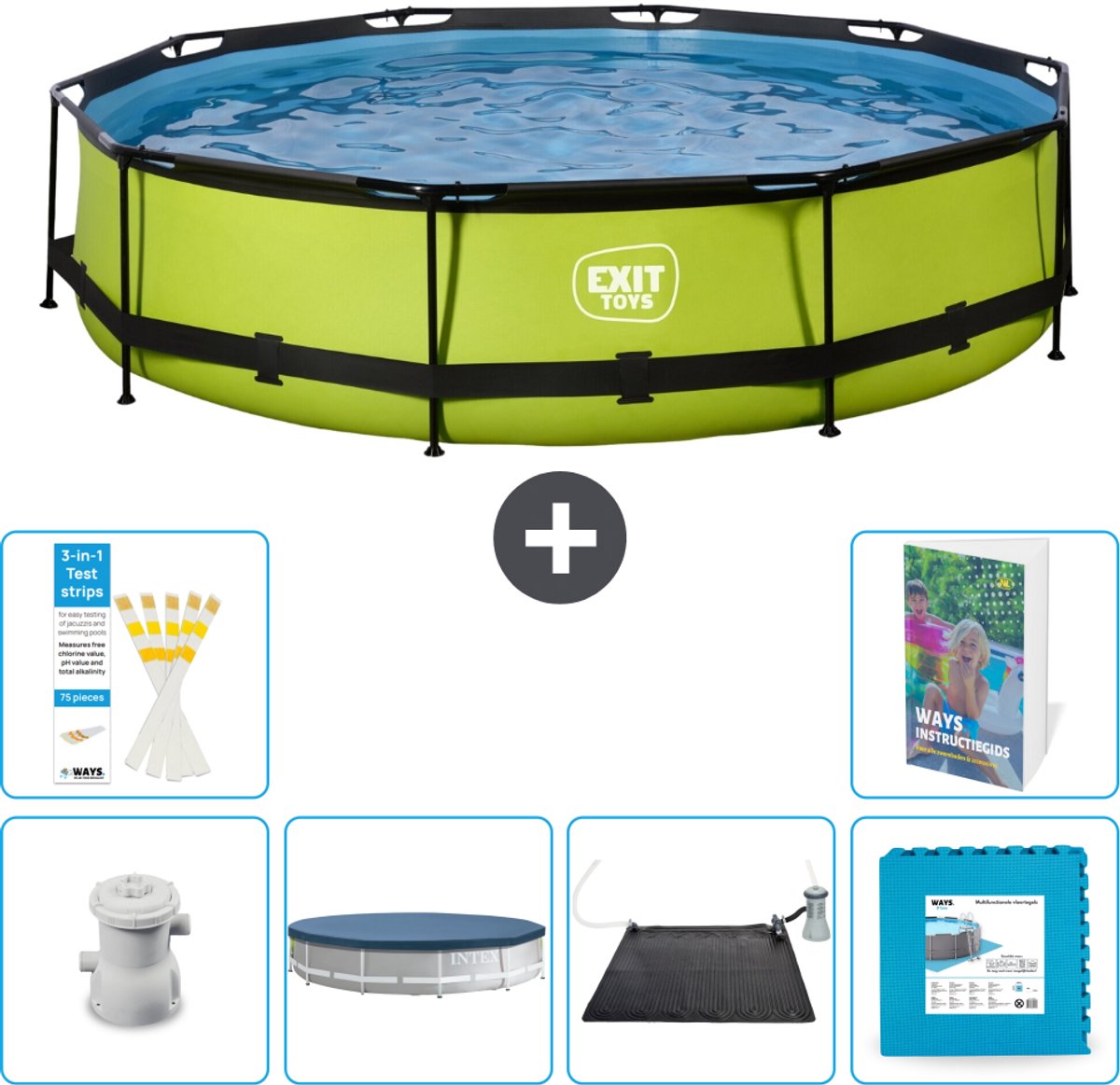 EXIT Rond Lime Frame Zwembad - 360 x 76 cm - Inclusief Pomp - Afdekzeil - Solar Mat - Vloertegels - 7-delig