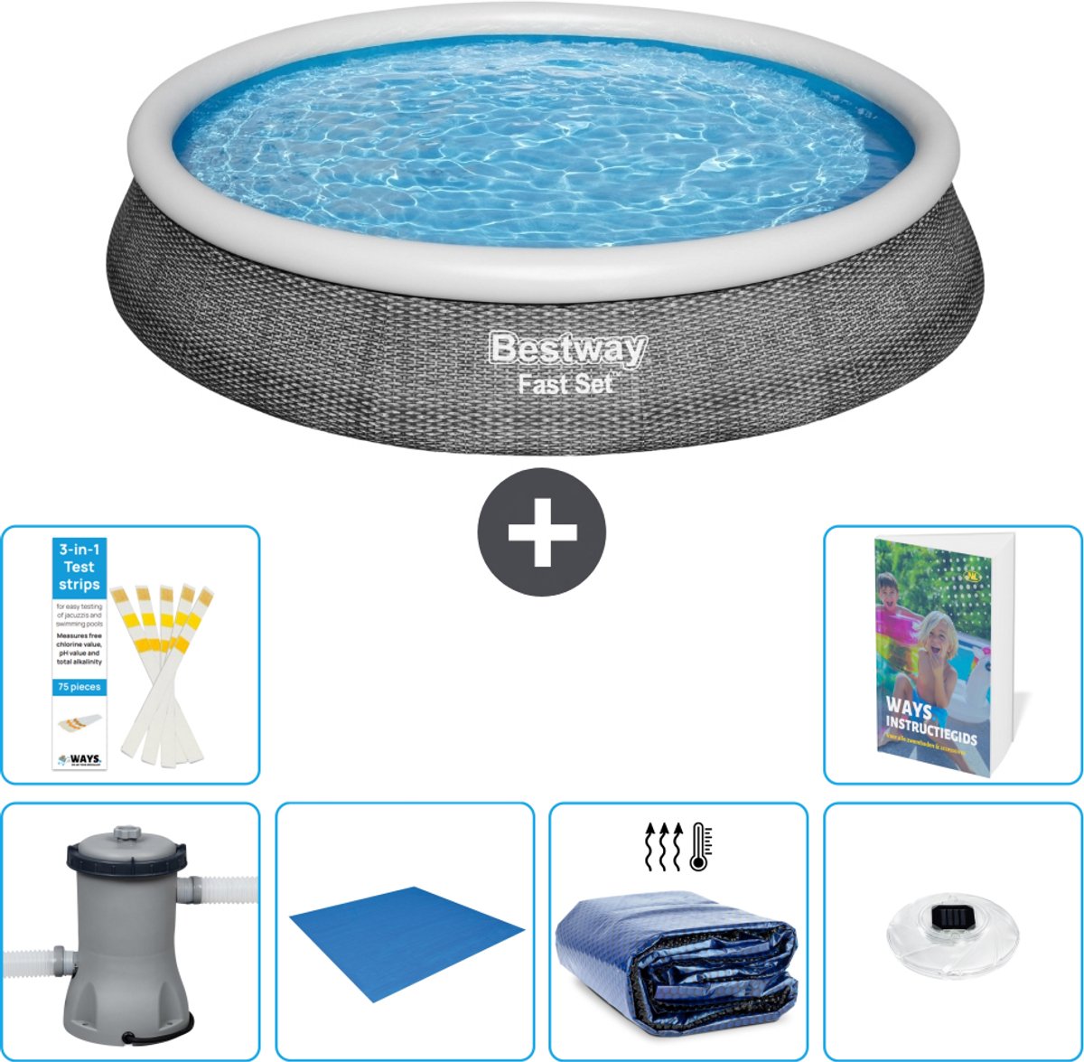 Bestway Rond Opblaasbaar Fast Set Zwembad - Rotanprint - 396 x 84 cm - Inclusief Pomp - Grondzeil - Solarzeil - Verlichting - 7-delig