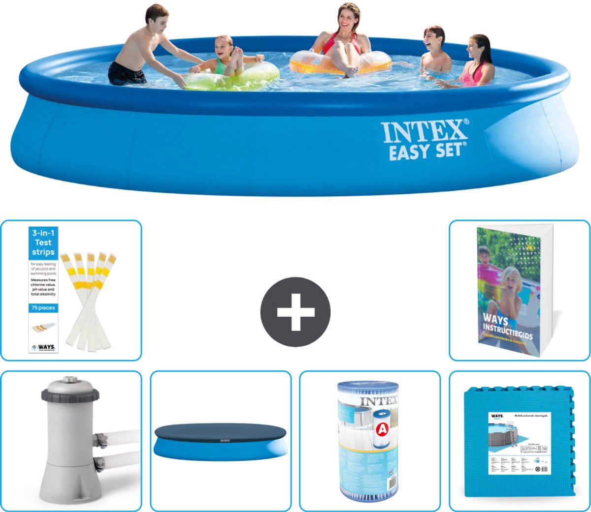Intex Rond Opblaasbaar Easy Set Zwembad - 457 x 84 cm - Blauw - Inclusief Pomp - Afdekzeil - Filter - Vloertegels - 7-delig
