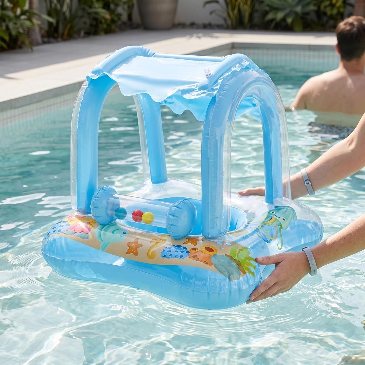 1 stuk - Babyzwemmat met zonnescherm - Dierenprint - Opblaasbare zwemring - Waterspeelmat - 60*60*58 cm - Voor baby's en peuters van 0 tot 6 maanden om in het water te spelen - Blauw – foto 3