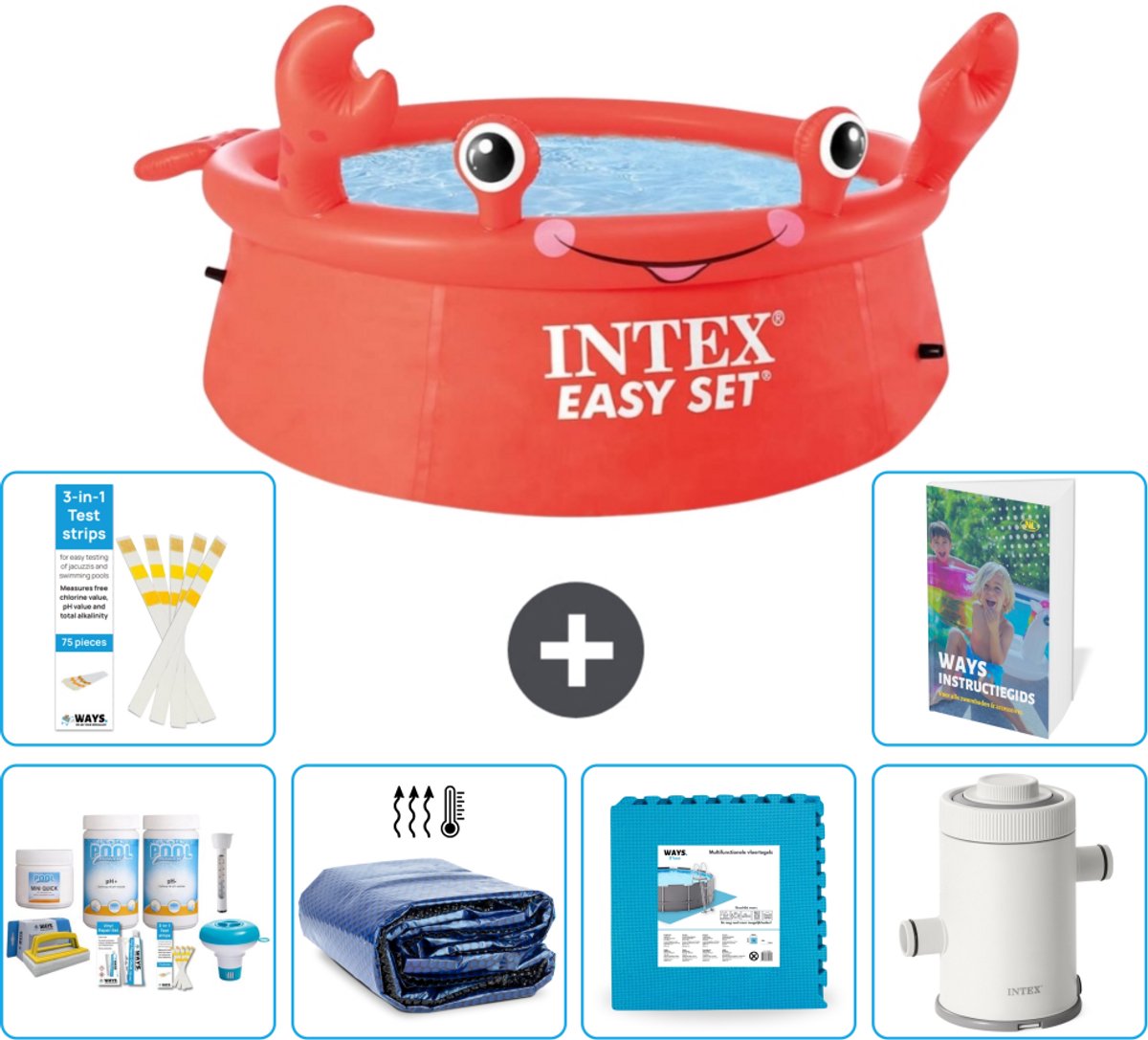 Intex Rond Opblaasbaar Easy Set Zwembad - 183 x 51 cm - Rood - Krab - Inclusief Onderhoudspakket - Solarzeil - Vloertegels - Zwembadfilterpomp - 7-delig
