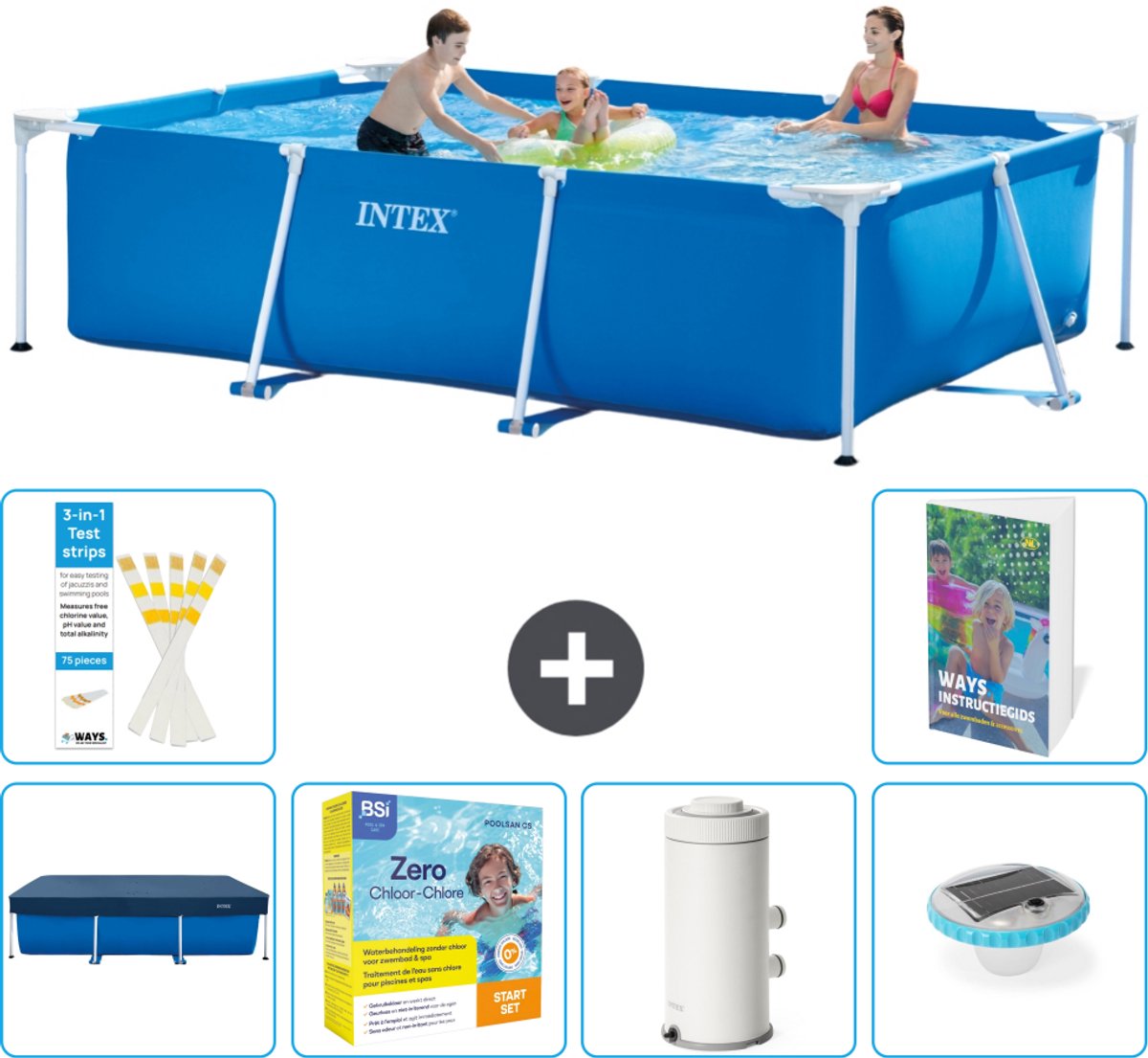 Intex Rechthoekig Frame Zwembad - 300 x 200 x 75 cm - Blauw - Inclusief Afdekzeil - Onderhoudspakket - Zwembadfilterpomp - Verlichting - 7-delig
