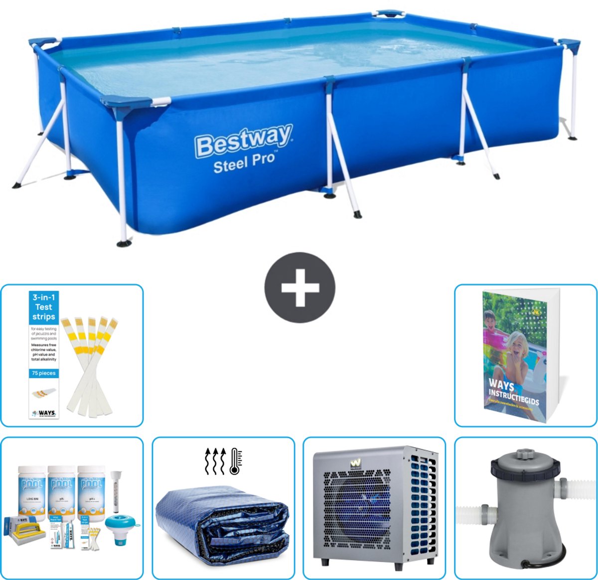 Bestway Rechthoekig Steel Pro Zwembad - 300 x 201 x 66 cm - Blauw - Inclusief Onderhoudspakket - Solarzeil - Warmtepomp - Zwembadfilterpomp - 7-delig