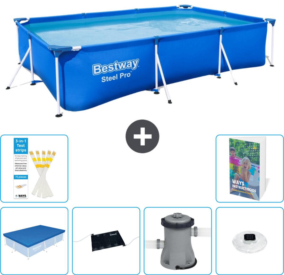 Bestway Rechthoekig Steel Pro Zwembad - 300 x 201 x 66 cm - Blauw - Inclusief Afdekzeil - Solar Mat - Zwembadfilterpomp - Verlichting - 7-delig