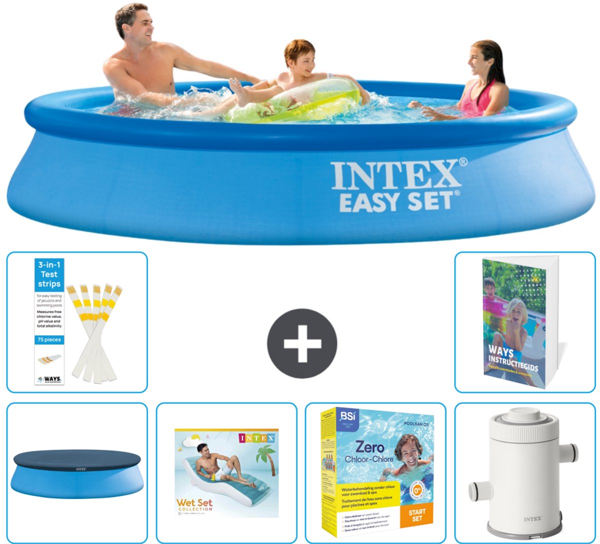 Intex Rond Opblaasbaar Easy Set Zwembad - 305 x 61 cm - Blauw - Inclusief Afdekzeil - Loungebed - Onderhoudspakket - Zwembadfilterpomp - 7-delig