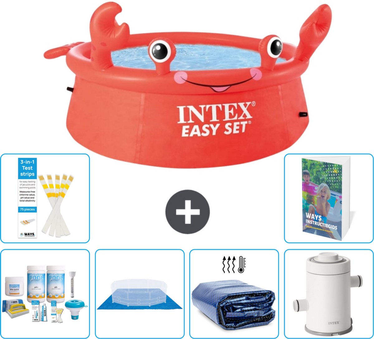 Intex Rond Opblaasbaar Easy Set Zwembad - 183 x 51 cm - Rood - Krab - Inclusief Onderhoudspakket - Grondzeil - Solarzeil - Zwembadfilterpomp - 7-delig