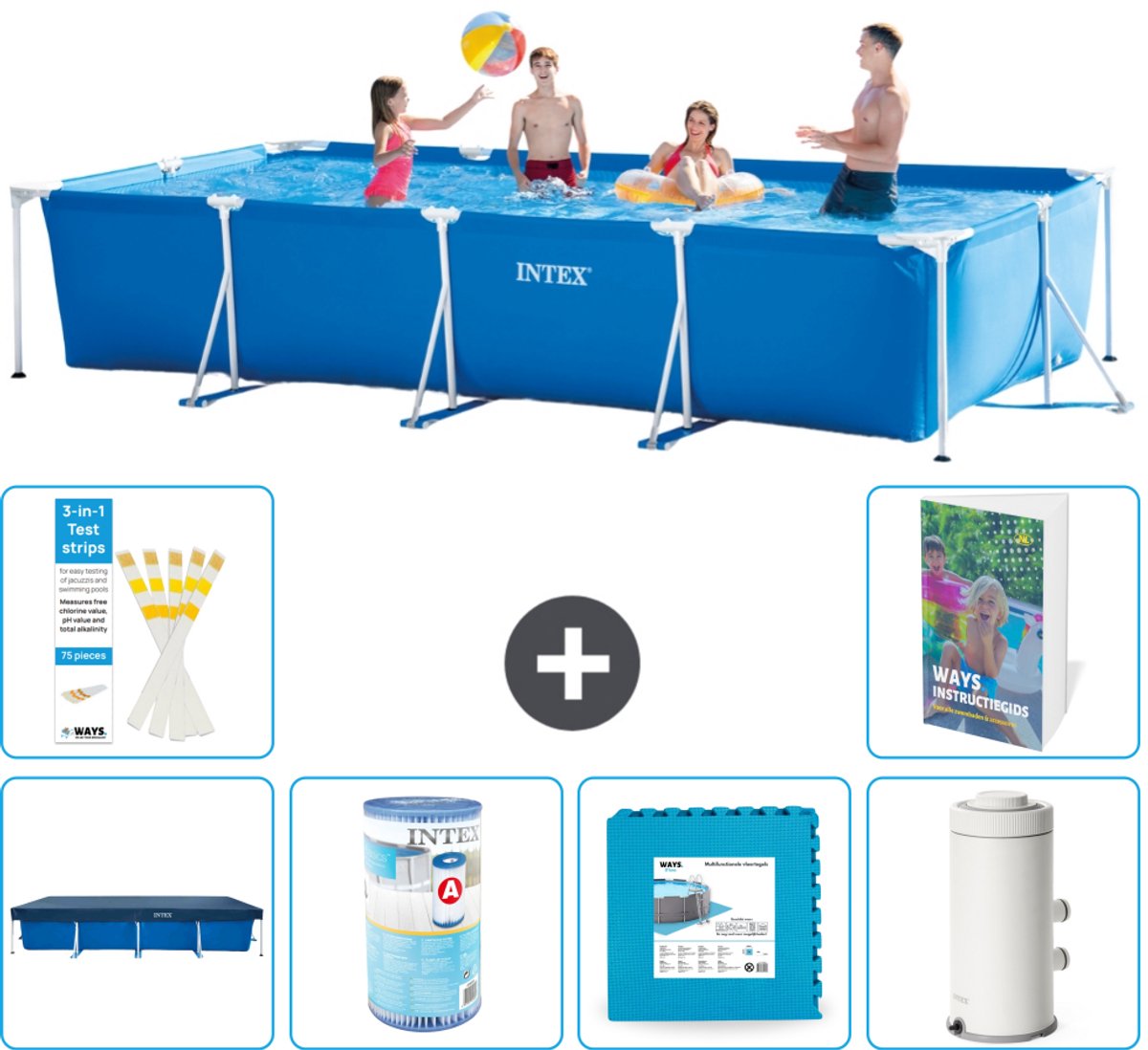 Intex Rechthoekig Frame Zwembad - 450 x 220 x 84 cm - Blauw - Inclusief Afdekzeil - Filter - Vloertegels - Zwembadfilterpomp - 7-delig