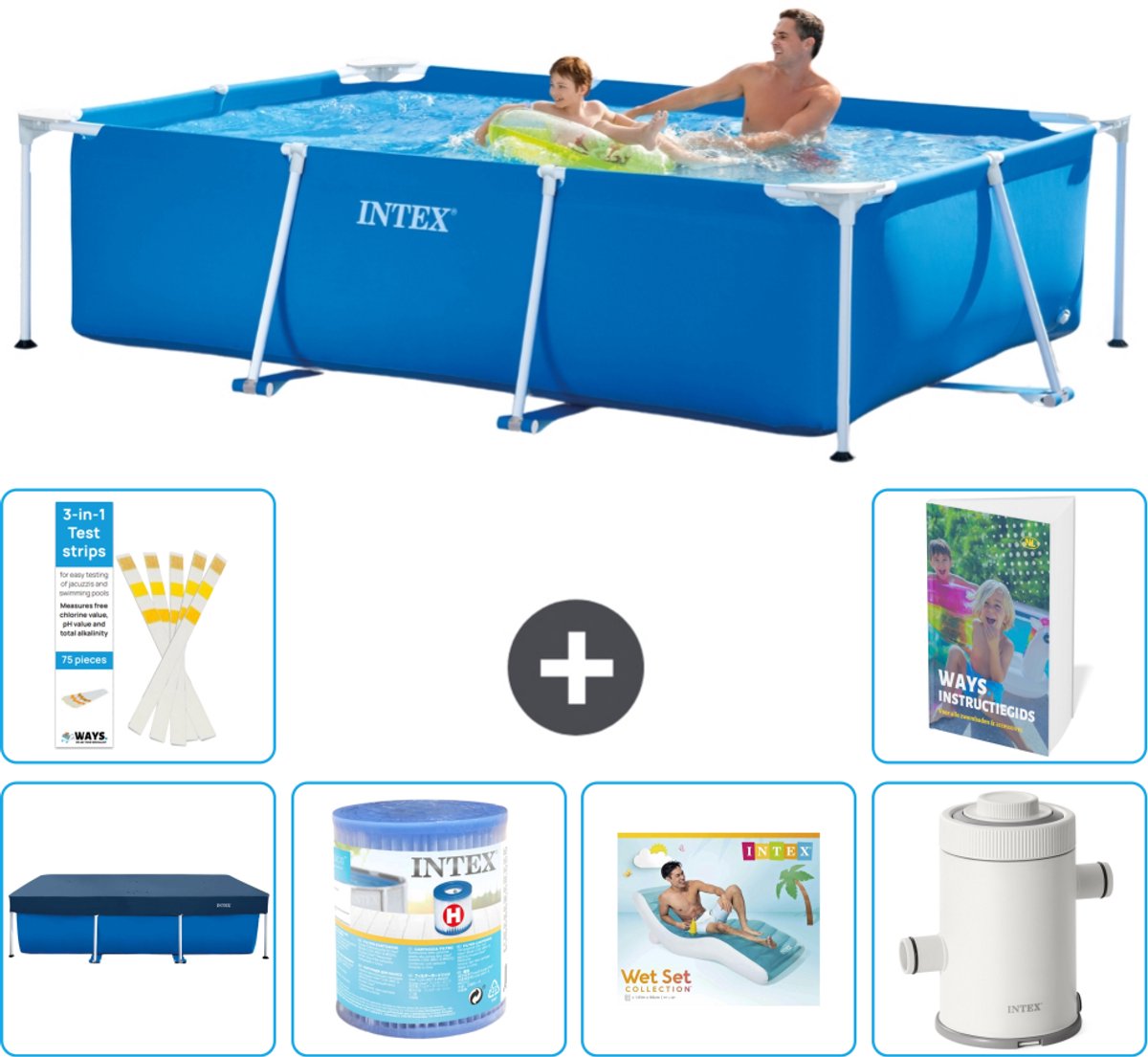 Intex Rechthoekig Frame Zwembad - 260 x 160 x 65 cm - Blauw - Inclusief Afdekzeil - Filter - Loungebed - Zwembadfilterpomp - 7-delig