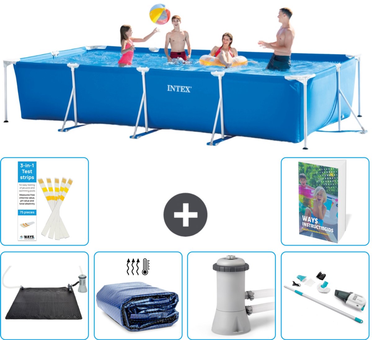 Intex Rechthoekig Frame Zwembad - 450 x 220 x 84 cm - Blauw - Inclusief Solar Mat - Solarzeil - Zwembadfilterpomp - Stofzuiger - 7-delig