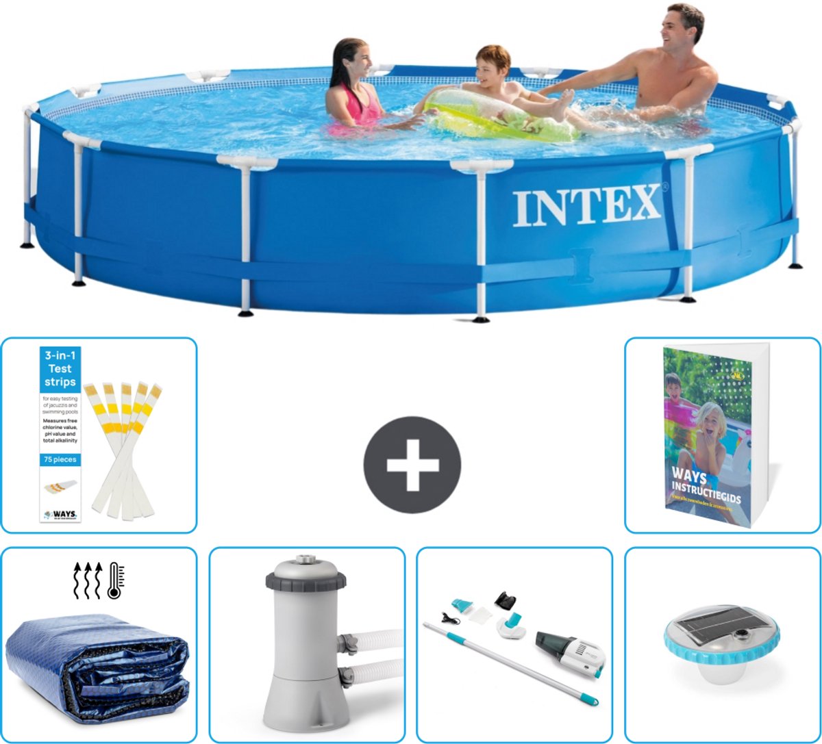 Intex Rond Frame Zwembad - 366 x 76 cm - Blauw - Inclusief Solarzeil - Zwembadfilterpomp - Stofzuiger - Verlichting - 7-delig