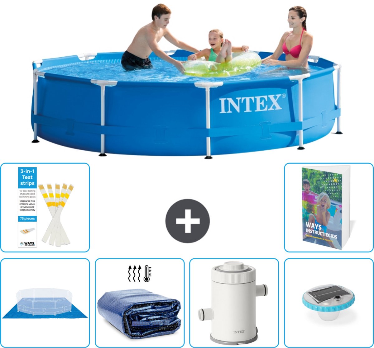 Intex Rond Frame Zwembad - 305 x 76 cm - Blauw - Inclusief Grondzeil - Solarzeil - Zwembadfilterpomp - Verlichting - 7-delig
