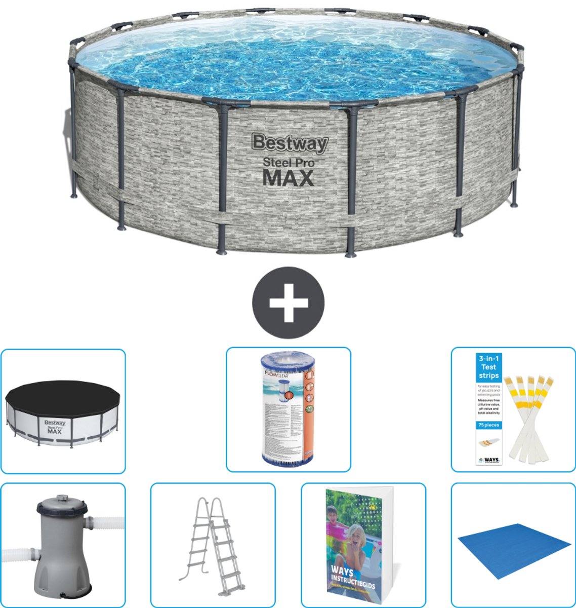 Bestway Rond Steel Pro MAX Zwembad - Steenprint - 427 x 122 cm - Inclusief Pomp - Ladder - Afdekzeil - Filter - Grondzeil - 8-delig