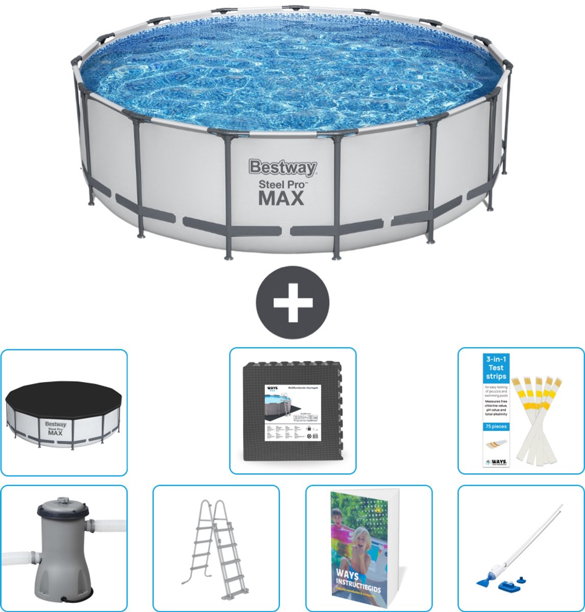 Bestway Rond Steel Pro MAX Zwembad - 457 x 122 cm - Grijs - Inclusief Pomp - Ladder - Afdekzeil - Vloertegels - Stofzuiger - 8-delig