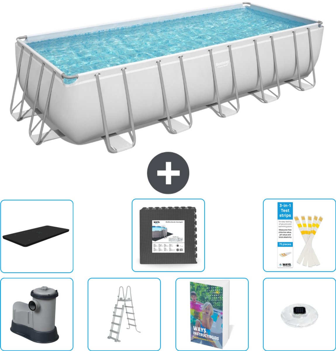 Bestway Rechthoekig Power Steel Zwembad - 640 x 274 x 132 - Grijs - Inclusief Pomp - Ladder - Afdekzeil - Vloertegels - Verlichting - 8-delig