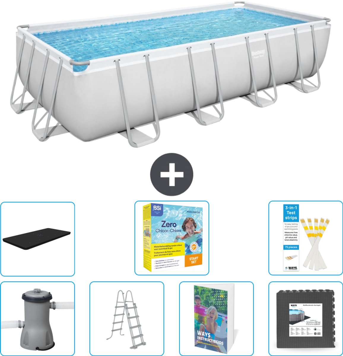Bestway Rechthoekig Power Steel Zwembad - 488 x 244 x 122 - Grijs Inclusief Pomp - Ladder - Afdekzeil - Onderhoudspakket - Vloertegels - 8-delig