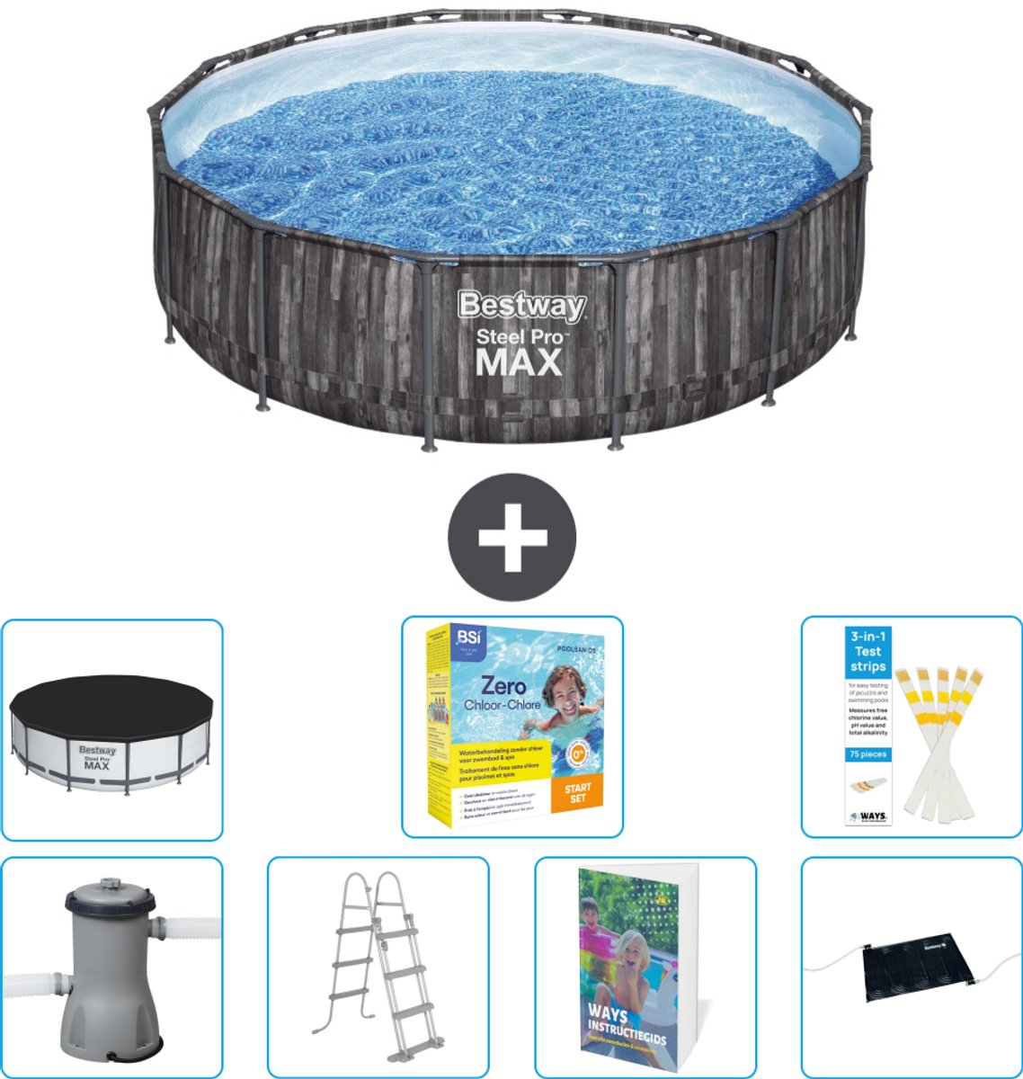 Bestway Rond Steel Pro MAX Zwembad - Houtprint - 427 x 107 cm - Inclusief Pomp - Ladder - Afdekzeil - Onderhoudspakket - Solar Mat - 8-delig