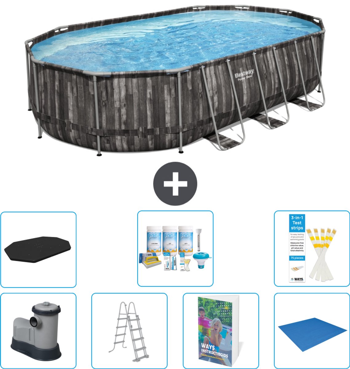 Bestway Ovaal Power Steel Zwembad - 610 x 366 x 122 - Grijs - Inclusief Pomp - Ladder - Afdekzeil - Onderhoudspakket - Grondzeil - 8-delig