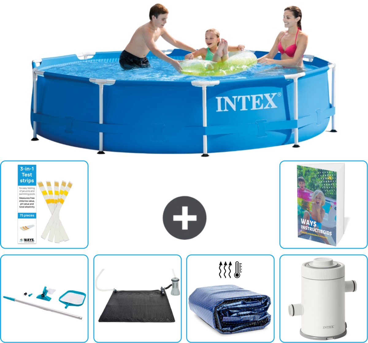 Intex Rond Frame Zwembad - 305 x 76 cm - Blauw - Inclusief Schoonmaakset - Solar Mat - Solarzeil - Zwembadfilterpomp - 7-delig