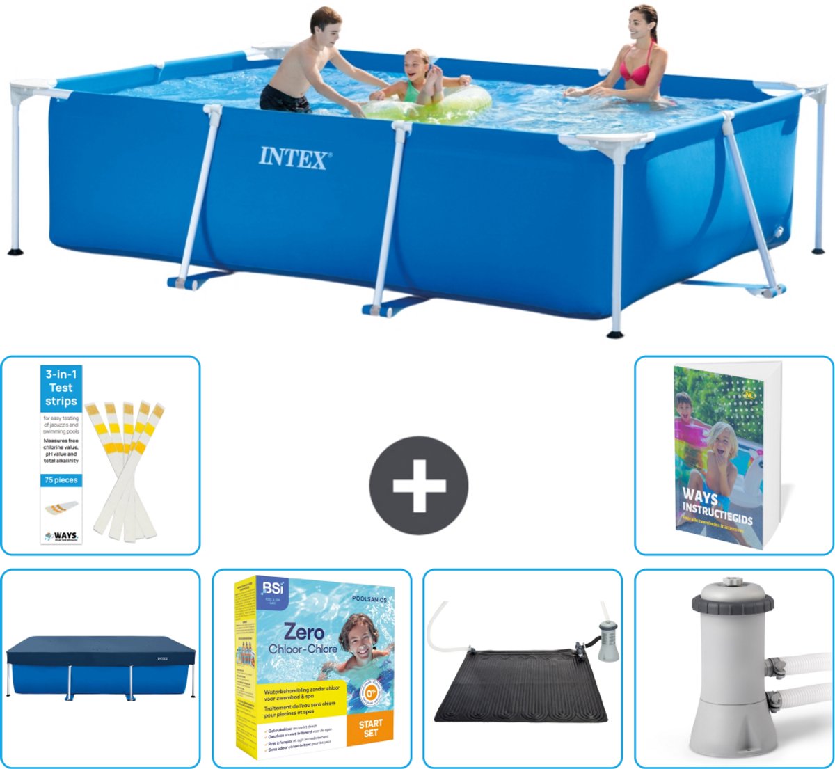 Intex Rechthoekig Frame Zwembad - 300 x 200 x 75 cm - Blauw - Inclusief Afdekzeil - Onderhoudspakket - Solar Mat - Zwembadfilterpomp - 7-delig
