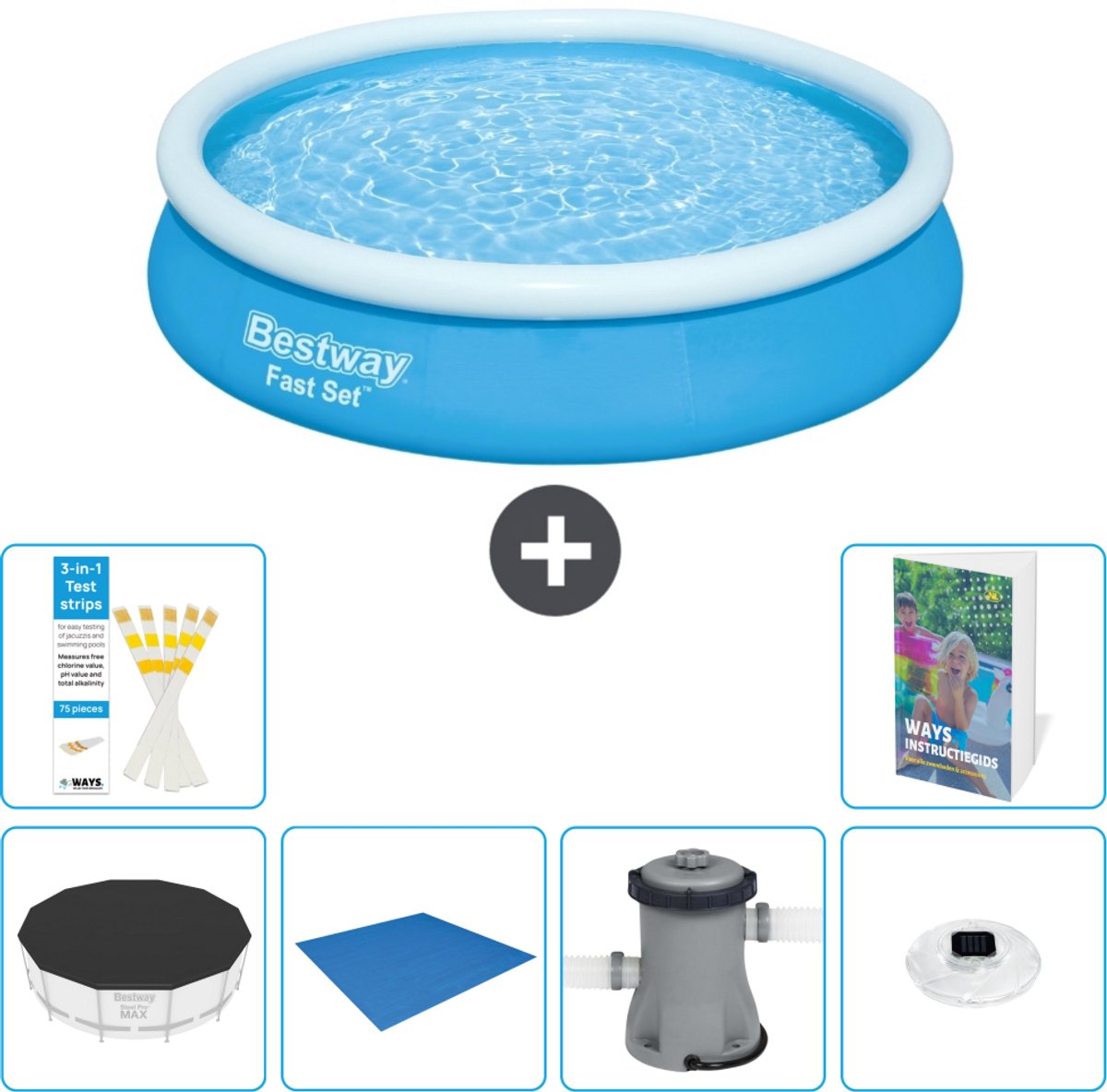 Bestway Rond Opblaasbaar Fast Set Zwembad - 366 x 76 cm - Blauw - Inclusief Afdekzeil - Grondzeil - Zwembadfilterpomp - Verlichting - 7-delig
