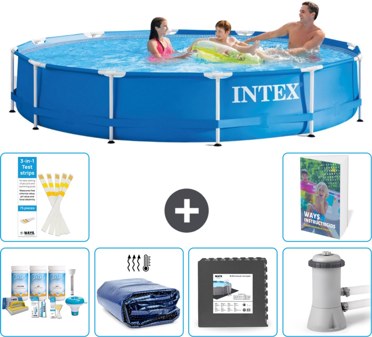 Intex Rond Frame Zwembad - 366 x 76 cm - Blauw - Inclusief Onderhoudspakket - Solarzeil - Vloertegels - Zwembadfilterpomp - 7-delig