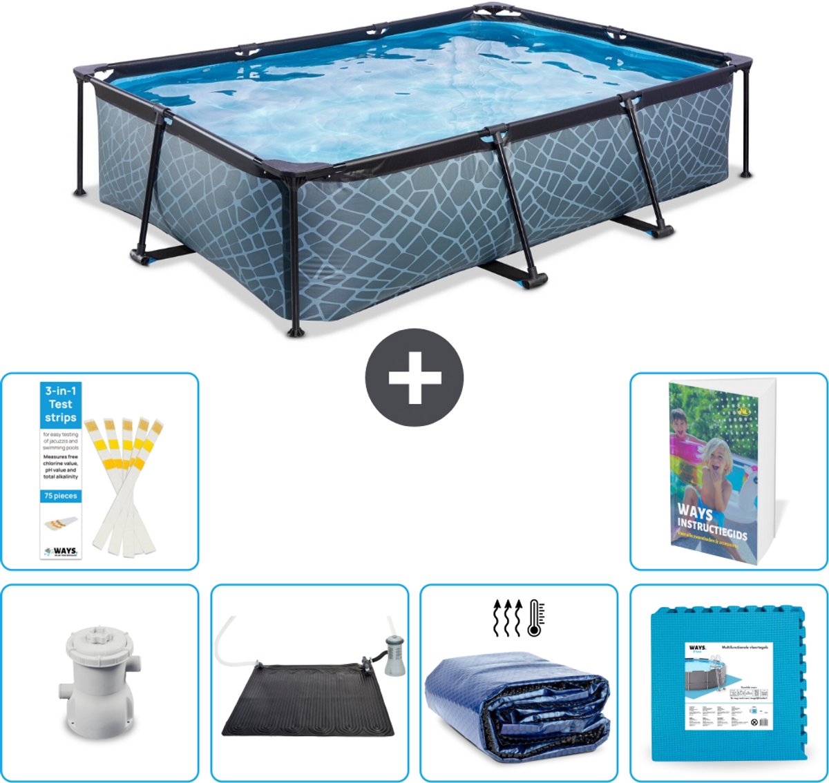 EXIT Rechthoekig Stone Frame Zwembad - 300 x 200 x 65 cm - Inclusief Pomp - Solar Mat - Solarzeil - Vloertegels - 7-delig