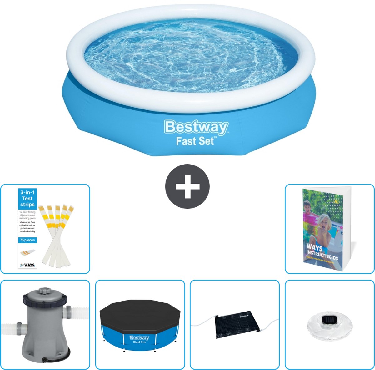 Bestway Rond Opblaasbaar Fast Set Zwembad - 305 x 66 cm - Blauw - Inclusief Pomp - Afdekzeil - Solar Mat - Verlichting - 7-delig