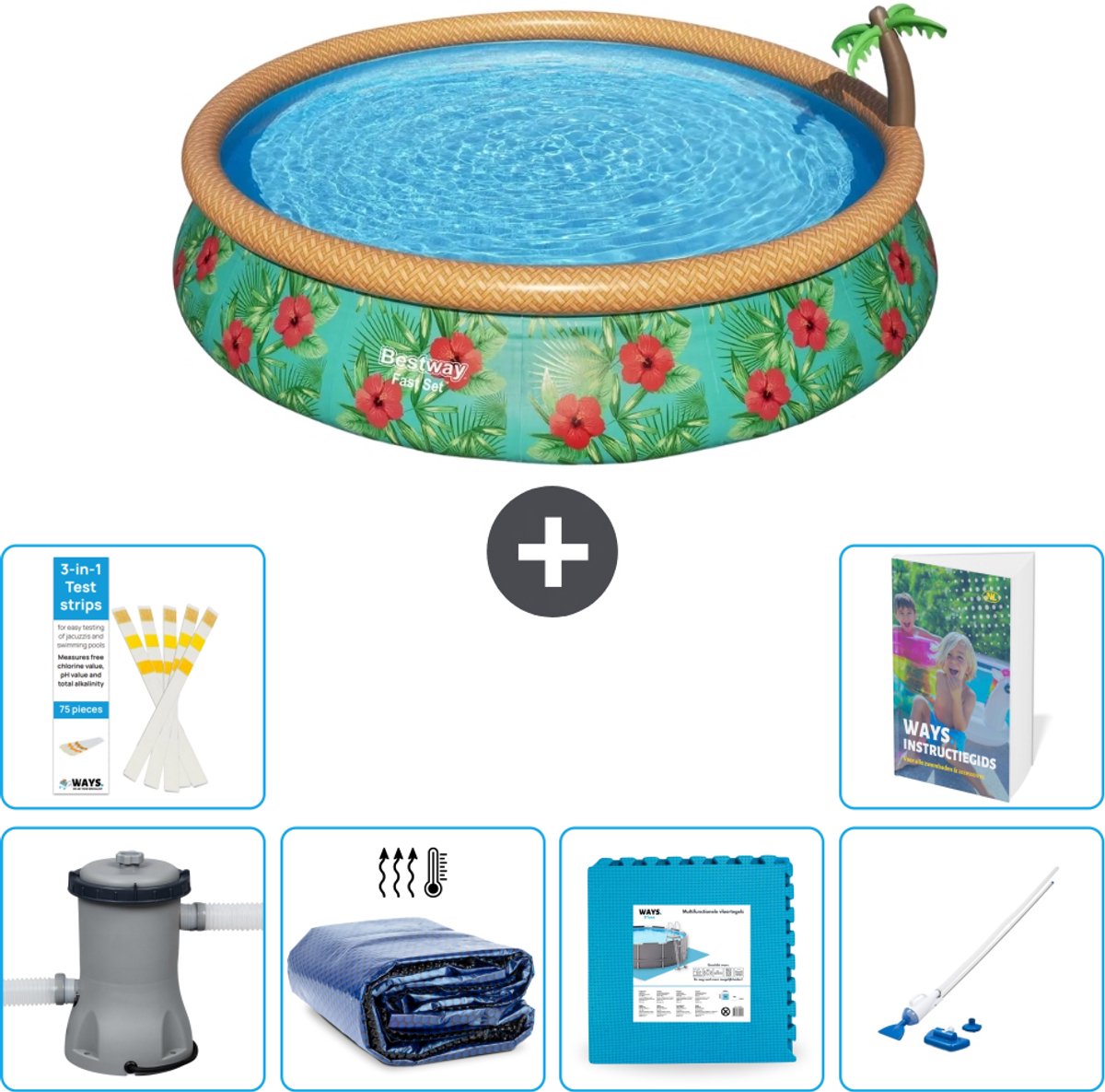 Bestway Rond Opblaasbaar Fast Set Zwembad - Paradijsprint - 457 x 84 cm - Inclusief Pomp - Solarzeil - Vloertegels - Stofzuiger - 7-delig