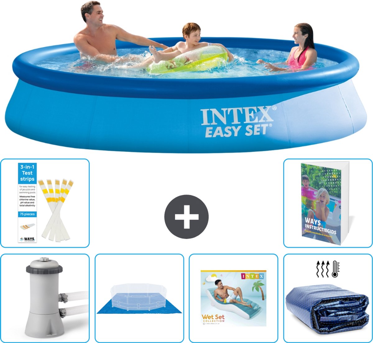 Intex Rond Opblaasbaar Easy Set Zwembad - 366 x 76 cm - Blauw - Inclusief Pomp - Grondzeil - Loungebed - Solarzeil - 7-delig