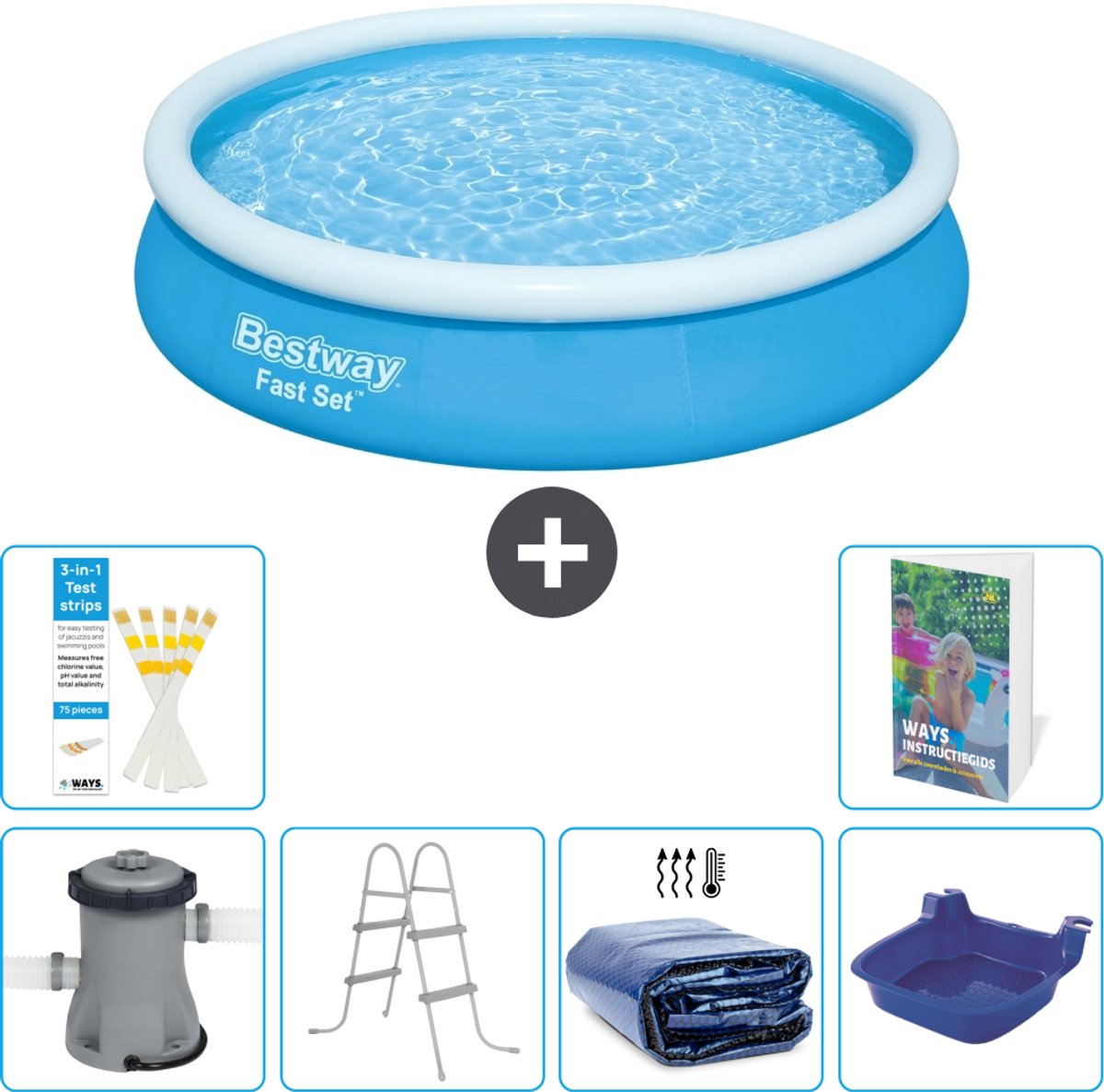 Bestway Rond Opblaasbaar Fast Set Zwembad - 366 x 76 cm - Blauw - Inclusief Pomp - Ladder - Solarzeil - Voetenbad - 7-delig