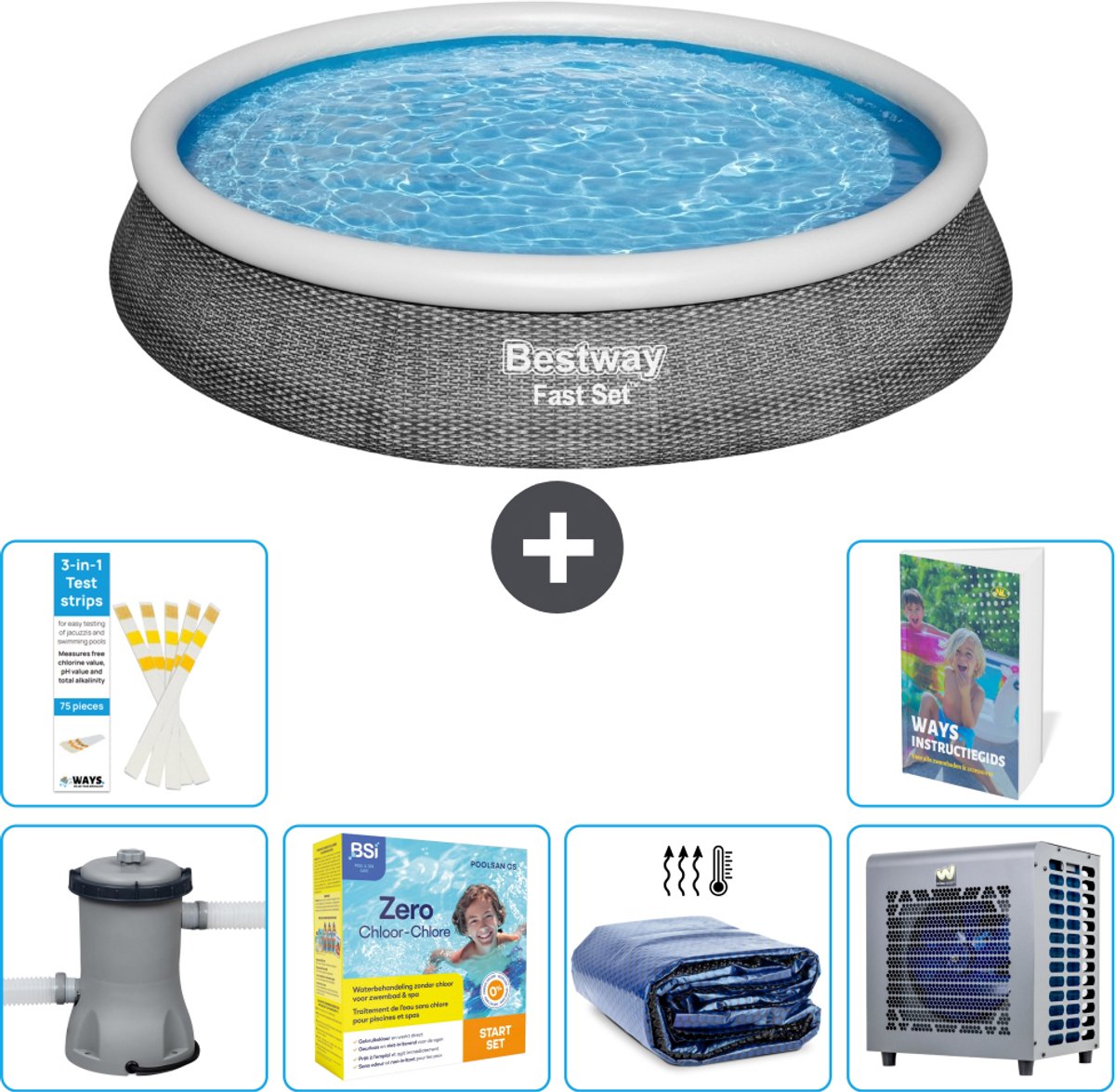 Bestway Rond Opblaasbaar Fast Set Zwembad - Rotanprint - 396 x 84 cm - Inclusief Pomp - Onderhoudspakket - Solarzeil - Warmtepomp - 7-delig
