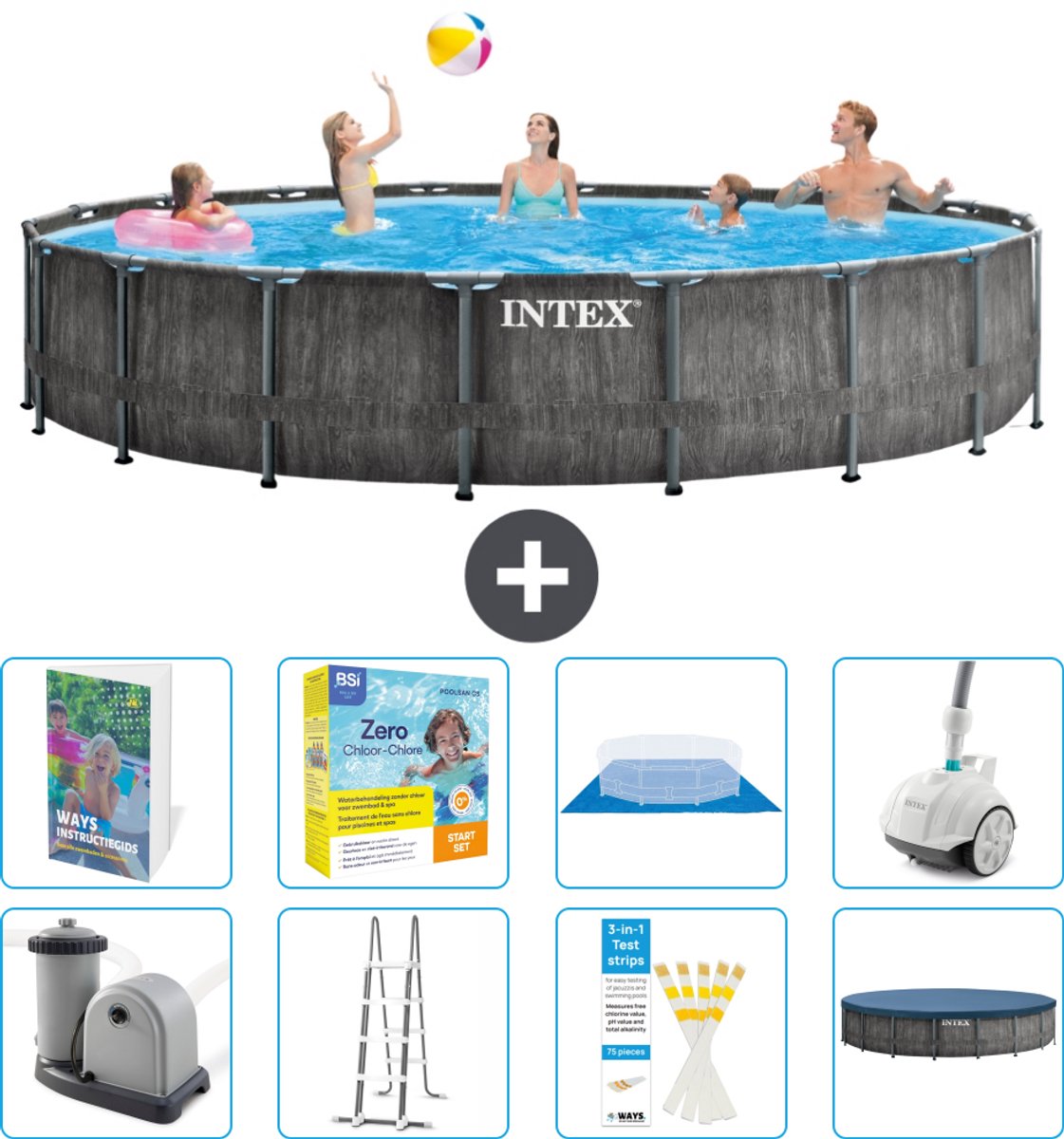 Intex Rond Prism Frame Greywood Zwembad - 549 x 122 cm - Inclusief Pomp - Ladder - Grondzeil - Afdekzeil - Onderhoudspakket - Stofzuiger - 9-delig