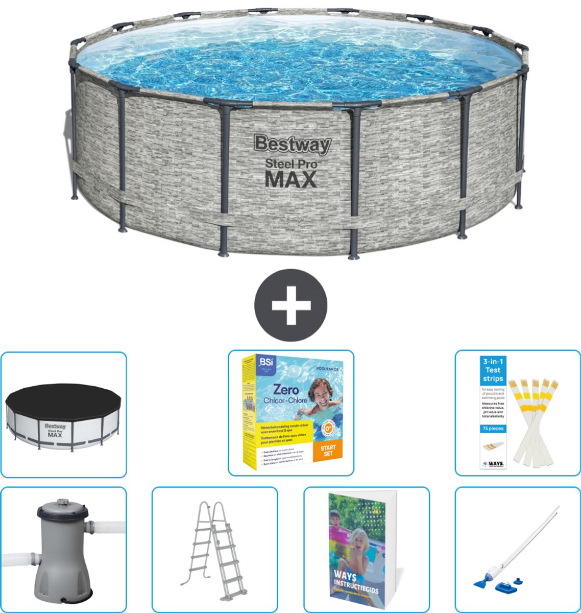 Bestway Rond Steel Pro MAX Zwembad - Steenprint - 427 x 122 cm - Inclusief Pomp - Ladder - Afdekzeil - Onderhoudspakket - Stofzuiger - 8-delig