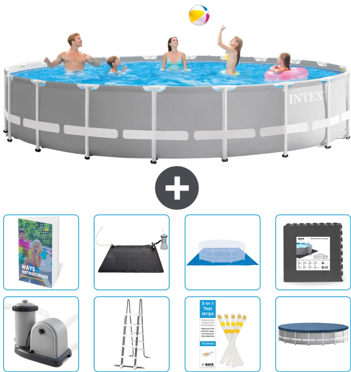 Intex Rond Prism Frame Zwembad - 610 x 132 cm - Grijs - Inclusief Pomp - Ladder - Grondzeil - Afdekzeil - Solar Mat - Vloertegels - 9-delig