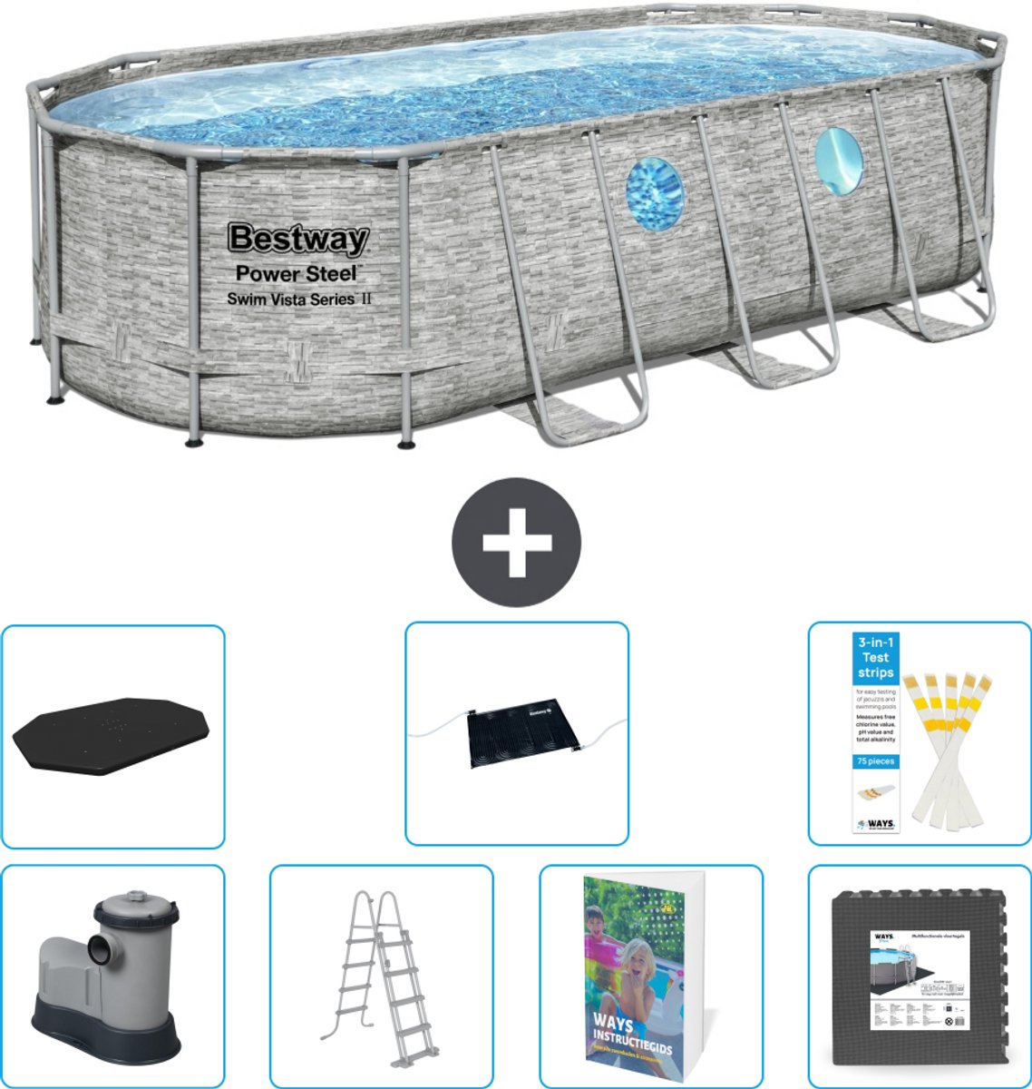 Bestway Ovaal Power Steel Swim Vista Zwembad - Steenprint - 549 x 274 x 122 - Inclusief Pomp - Ladder - Afdekzeil - Solar Mat - Vloertegels - 8-delig