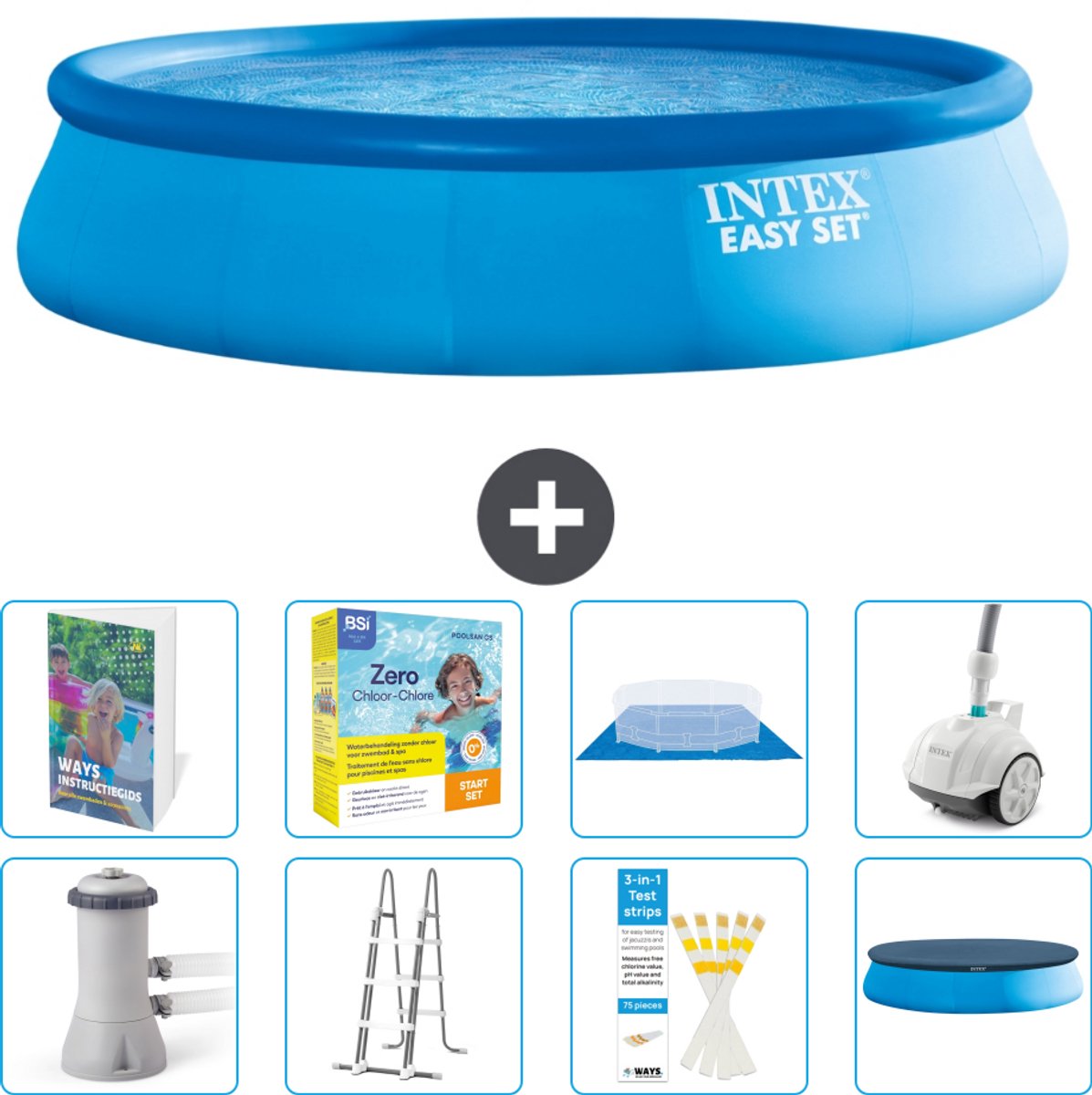 Intex Rond Opblaasbaar Easy Set Zwembad - 457 x 107 cm - Blauw - Inclusief Pomp - Ladder - Grondzeil - Afdekzeil - Onderhoudspakket - Stofzuiger - 9-delig