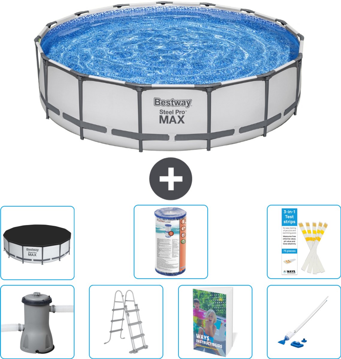 Bestway Rond Steel Pro MAX Zwembad - 457 x 107 cm - Grijs - Inclusief Pomp - Ladder - Afdekzeil - Filter - Stofzuiger - 8-delig