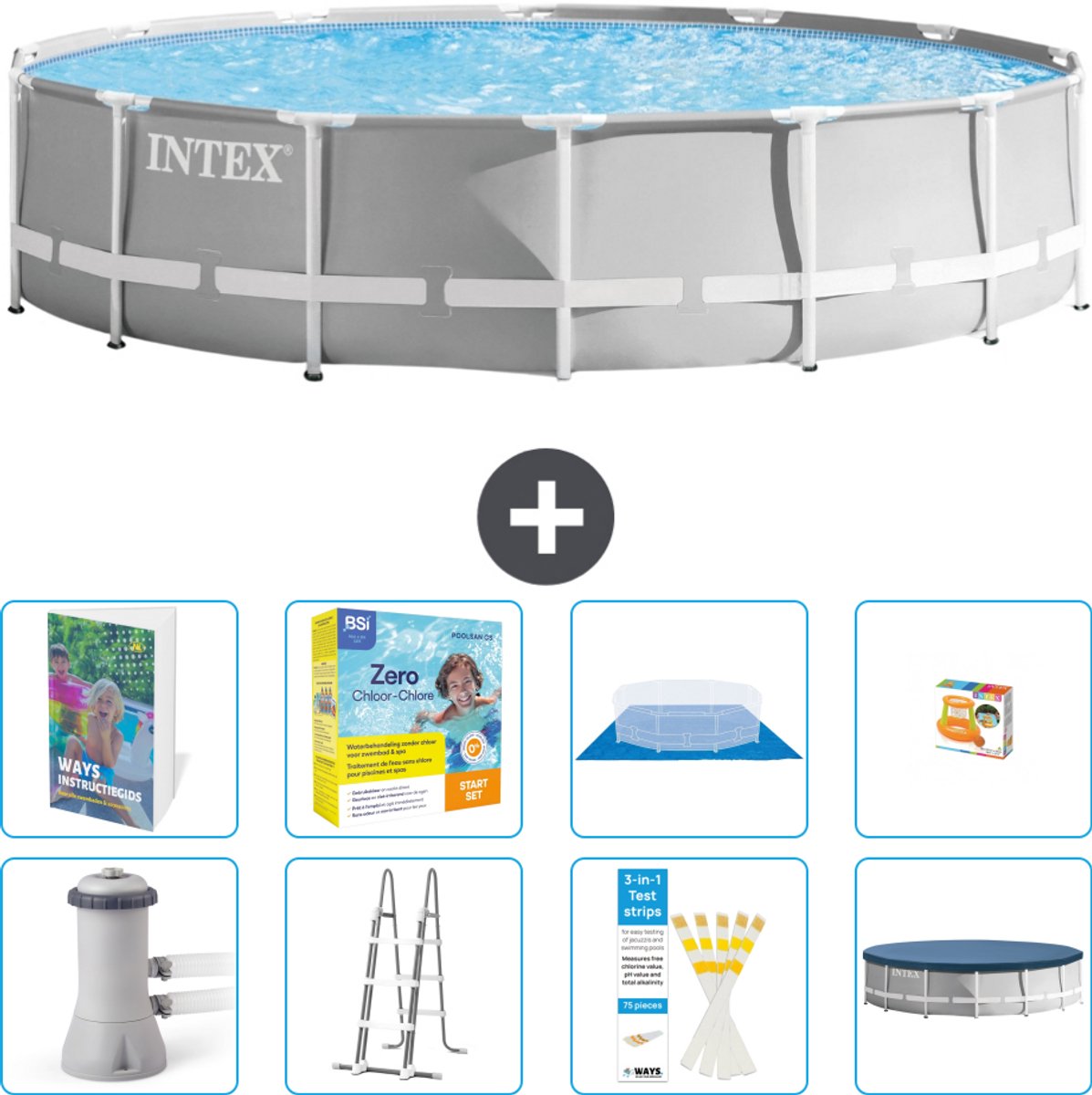 Intex Rond Prism Frame Zwembad - 427 x 107 cm - Grijs - Inclusief Pomp - Ladder - Grondzeil - Afdekzeil - Onderhoudspakket - Speelgoed - 9-delig