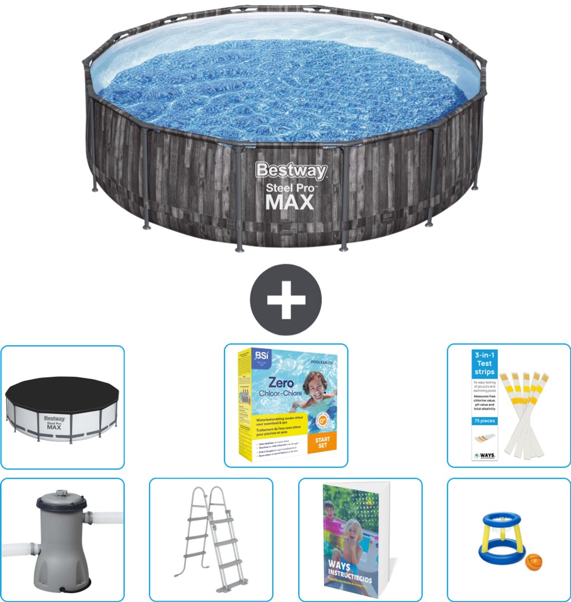 Bestway Rond Steel Pro MAX Zwembad - Houtprint - 427 x 107 cm - Inclusief Pomp - Ladder - Afdekzeil - Onderhoudspakket - Speelgoed - 8-delig