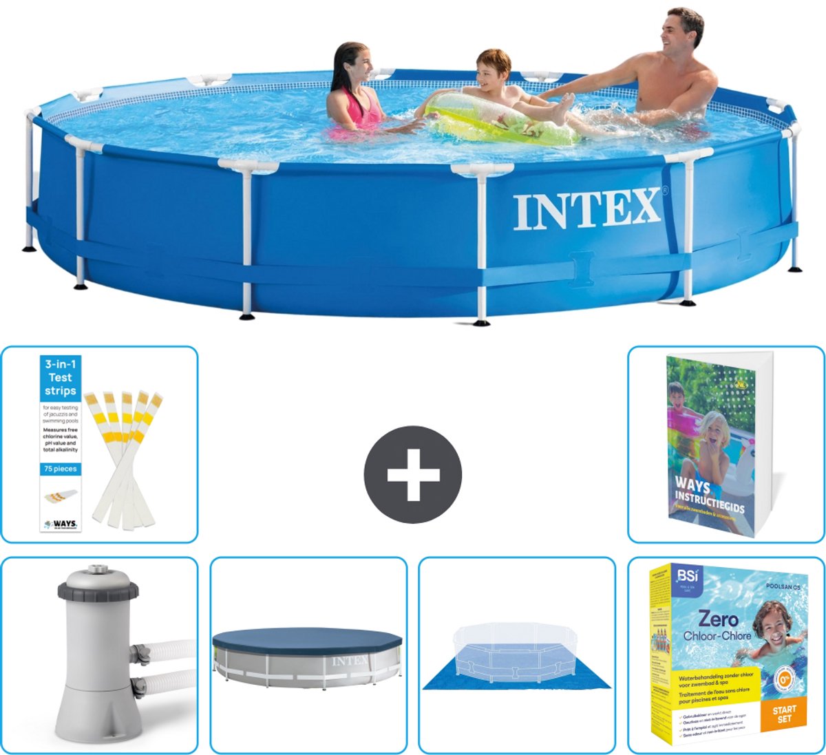 Intex Rond Frame Zwembad - 366 x 76 cm - Blauw - Inclusief Pomp - Afdekzeil - Grondzeil - Onderhoudspakket - 7-delig