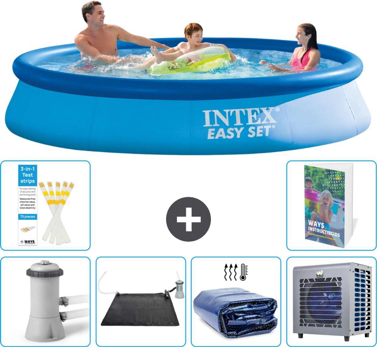 Intex Rond Opblaasbaar Easy Set Zwembad - 366 x 76 cm - Blauw - Inclusief Pomp - Solar Mat - Solarzeil - Warmtepomp - 7-delig